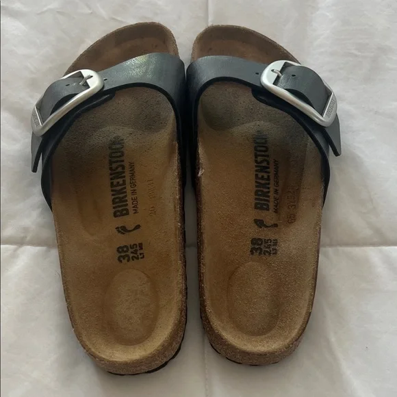 Birkenstock Black Slides with Metallic Buckle Size 38 Worn Once - Picture 3 of 4